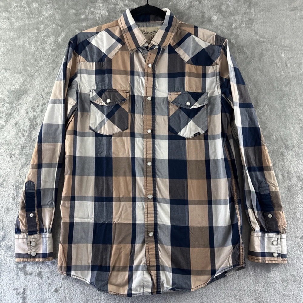 Coastal Button Up Shirt Men’s S Blue Tan White Plaid Long Sleeve.